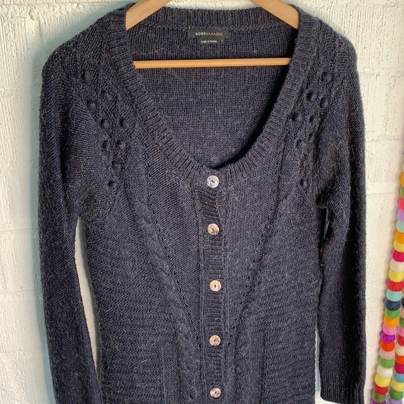 BCBGmaxazria Alpaca Long Button Down Duster Navy Pom Pom Cardigan Sweater sz L - Picture 2 of 7